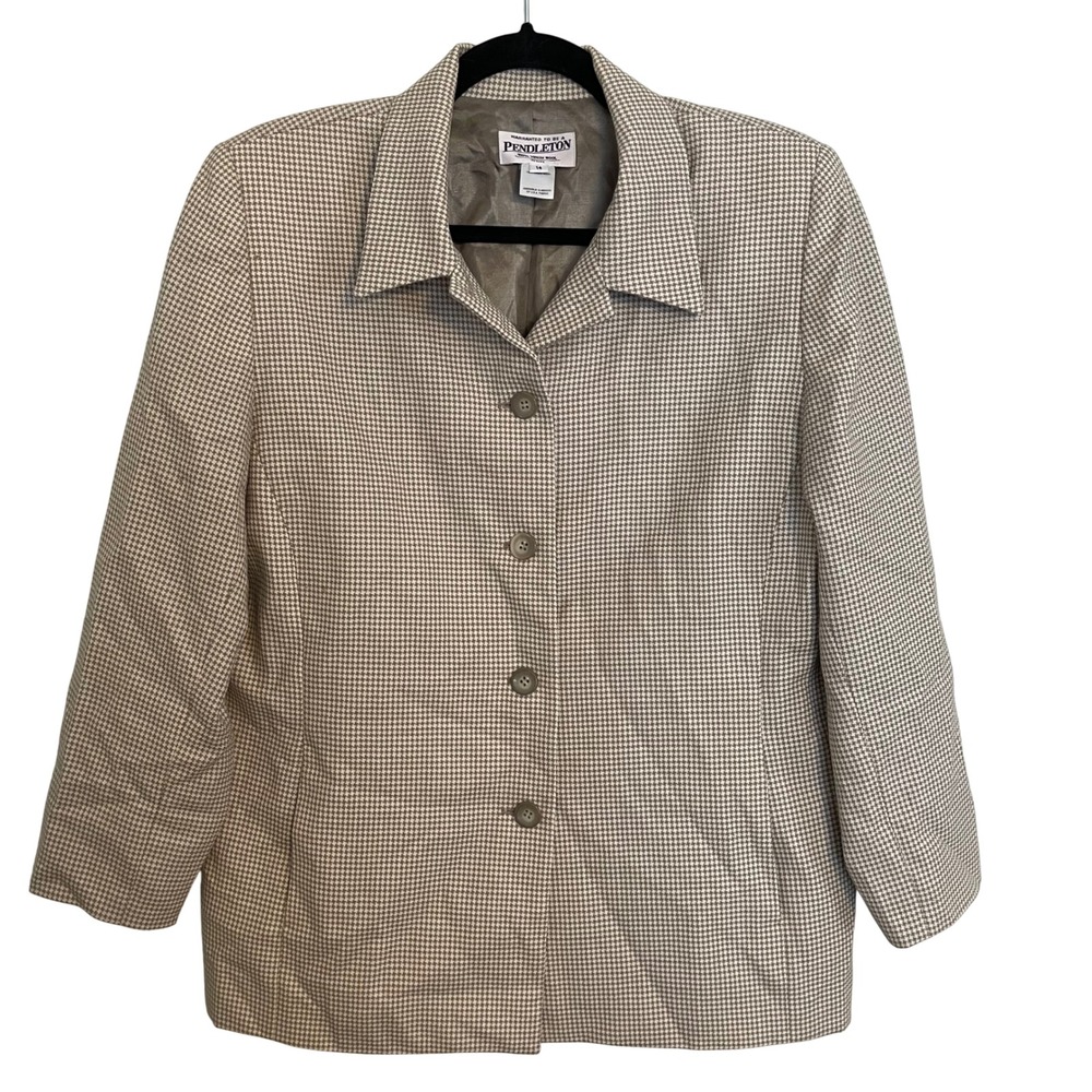 Pendleton Petite 14 Virgin Wool Houndstooth Blazer Tan Cream 4 Button Jacket